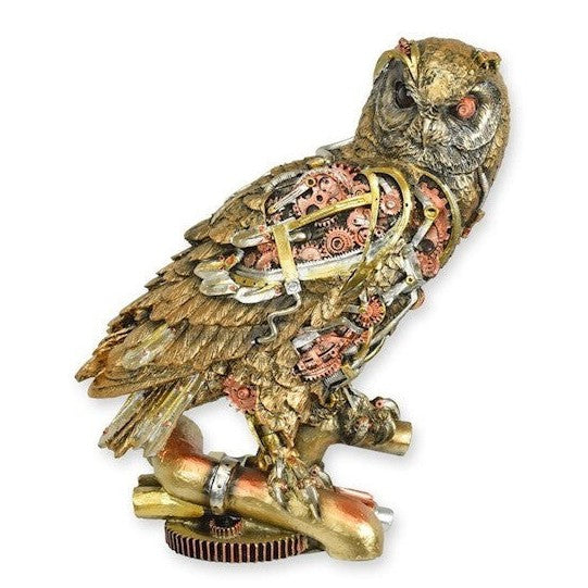 Resin Steampunk Owl Figurine with Exposed Gears and Tubes