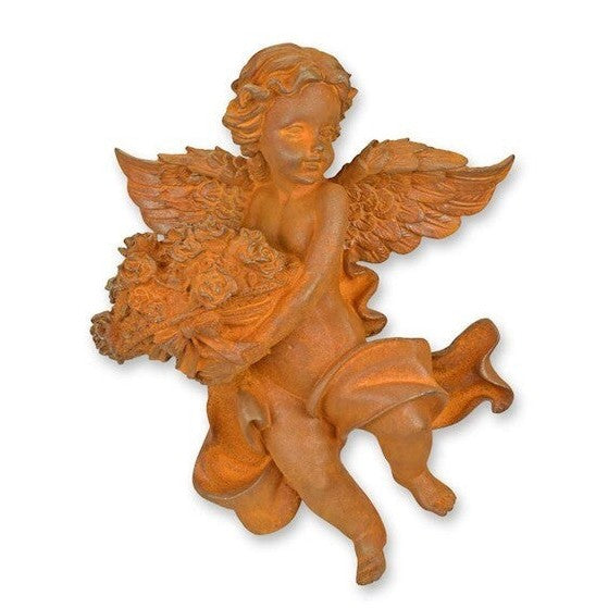 Rusty Cast Iron Wall Mount Putto Holding a Flower Basket. Home Decor