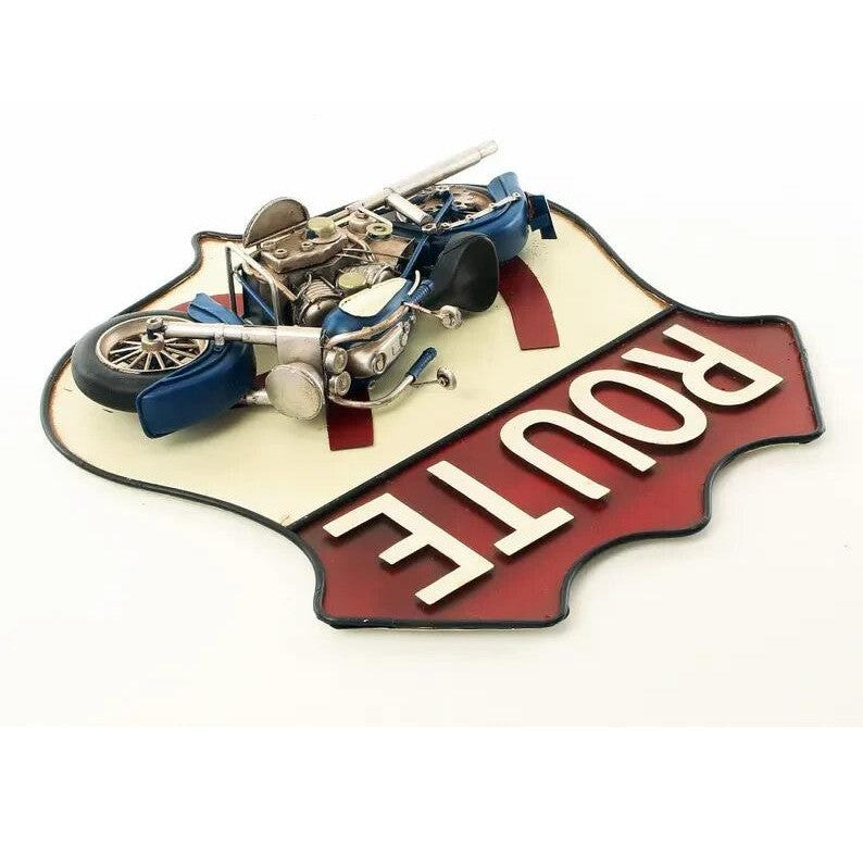 Tin 3D Wall Plaque "Route 66" Mounted with Motorcycle, Tin & Model Col
