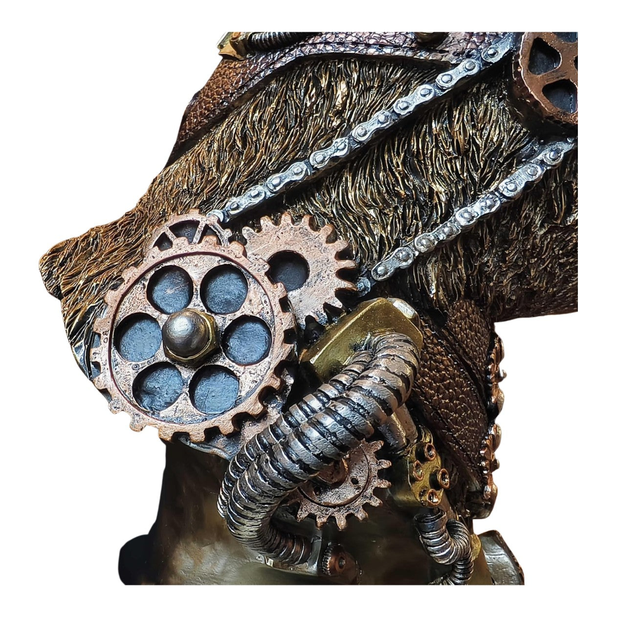 Resin Steampunk Cat Figurine with Goggles and Mechanical Base