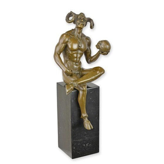 Hell's Reflection: Satan in Bronze Holding a Human Skull