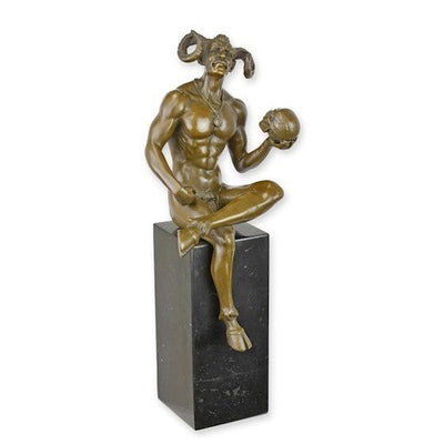 Hell's Reflection: Satan in Bronze Holding a Human Skull