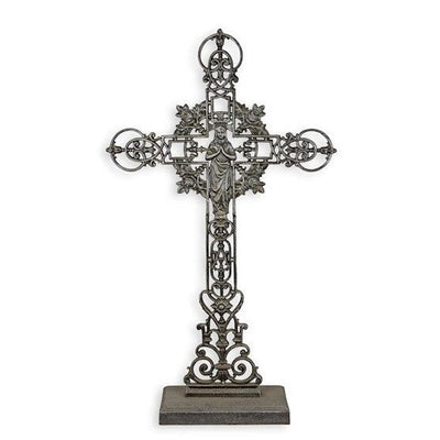 Cast Iron “Mary of the Roses” Decorative Cross on Base, Mythology & De