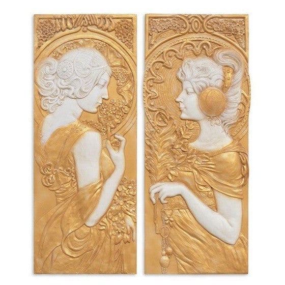 Golden Mgo Art Nouveau Wall Plaques – Pair of Elegant Relief Panels
