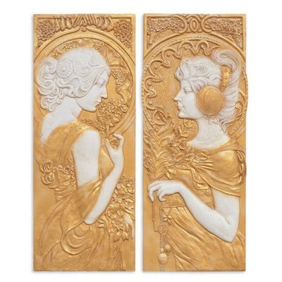 Golden Mgo Art Nouveau Wall Plaques – Pair of Elegant Relief Panels