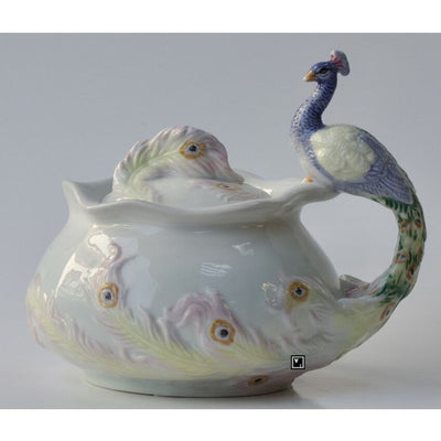 Peacock Sugar Bowl with Lid. Fine Porcelain Peacock Pitcher