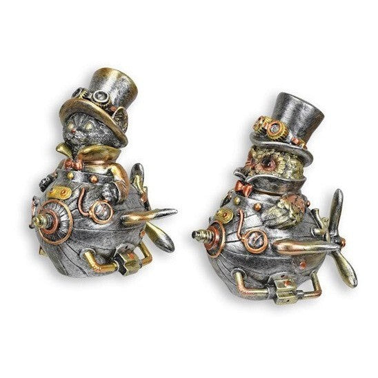 Pair of Steampunk Owl & Cat Resin Figurines – Vintage Airship Style
