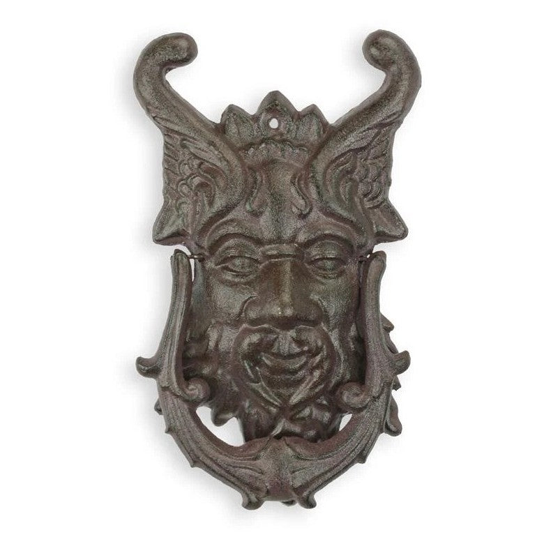 Horned Mythic Face Door Knocker | Handcrafted Cast Iron Decor