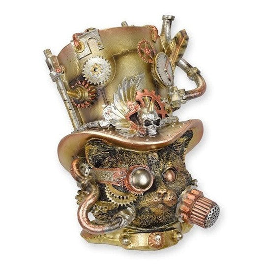 Resin Steampunk Cat Figurine with Goggles and Top Hat, Animal Sculptur