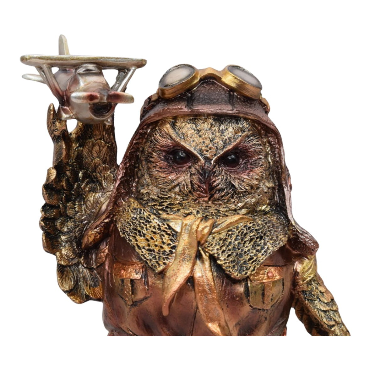 Resin Steampunk Owl Figurine Holding Airplane | Animal Sculptures