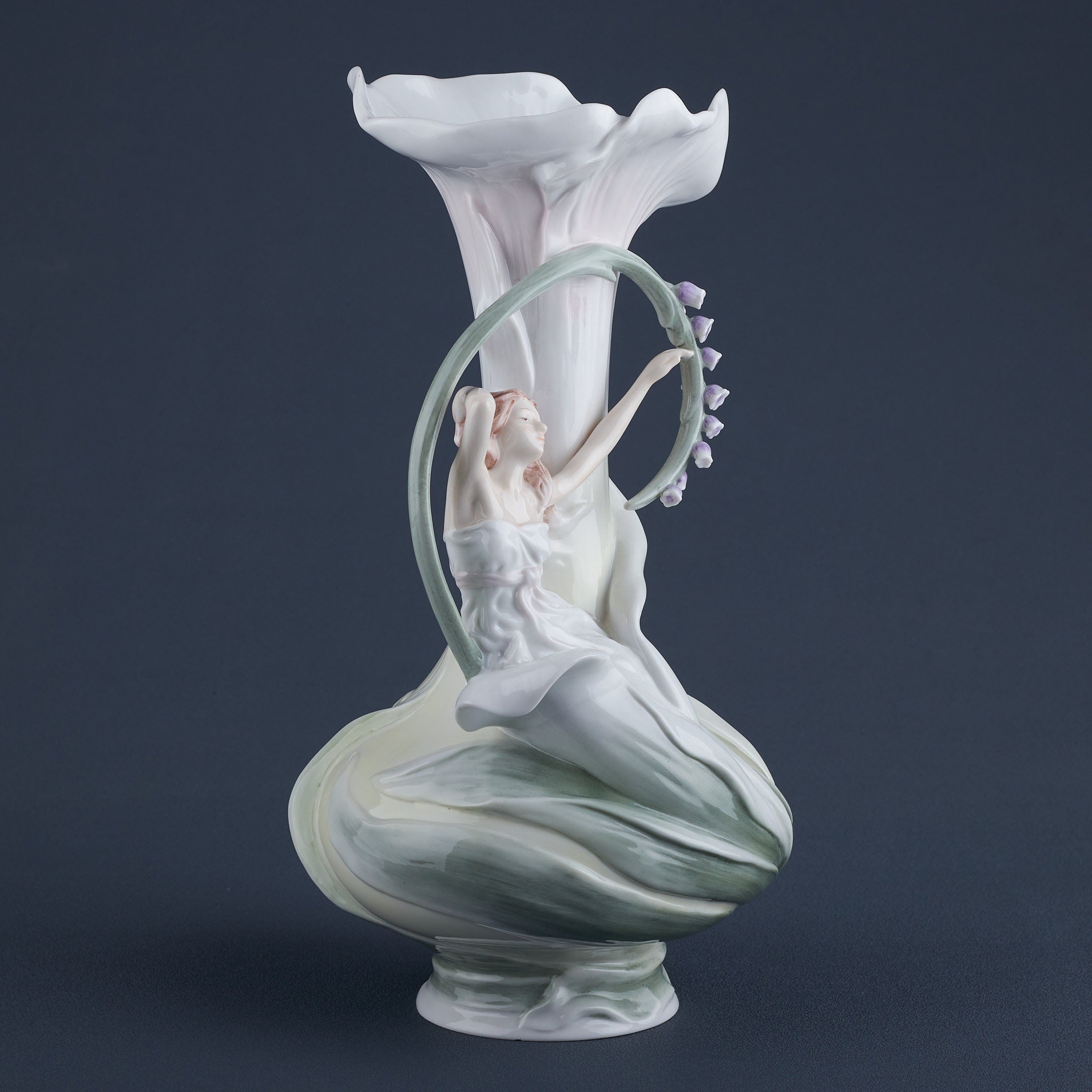 Art Nouveau Maiden and Bluebell Flowers Porcelain Vase