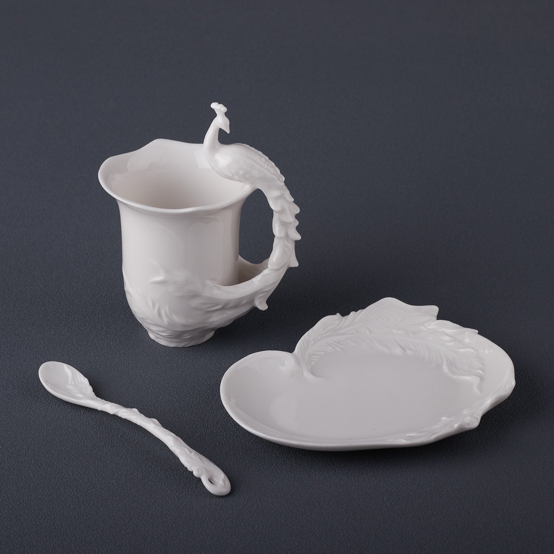 Peacock Coffee Cup Set With Spoon(White)