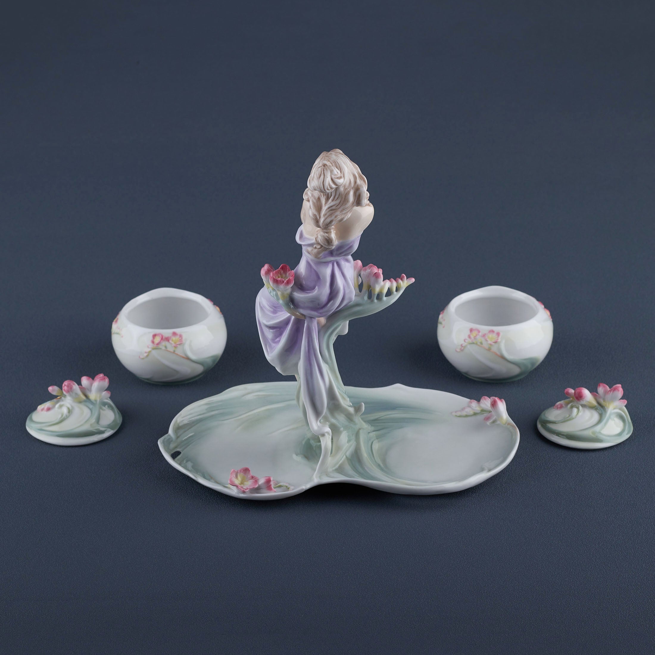 Lady With Pink Freesia Suger And Cream Tray Set