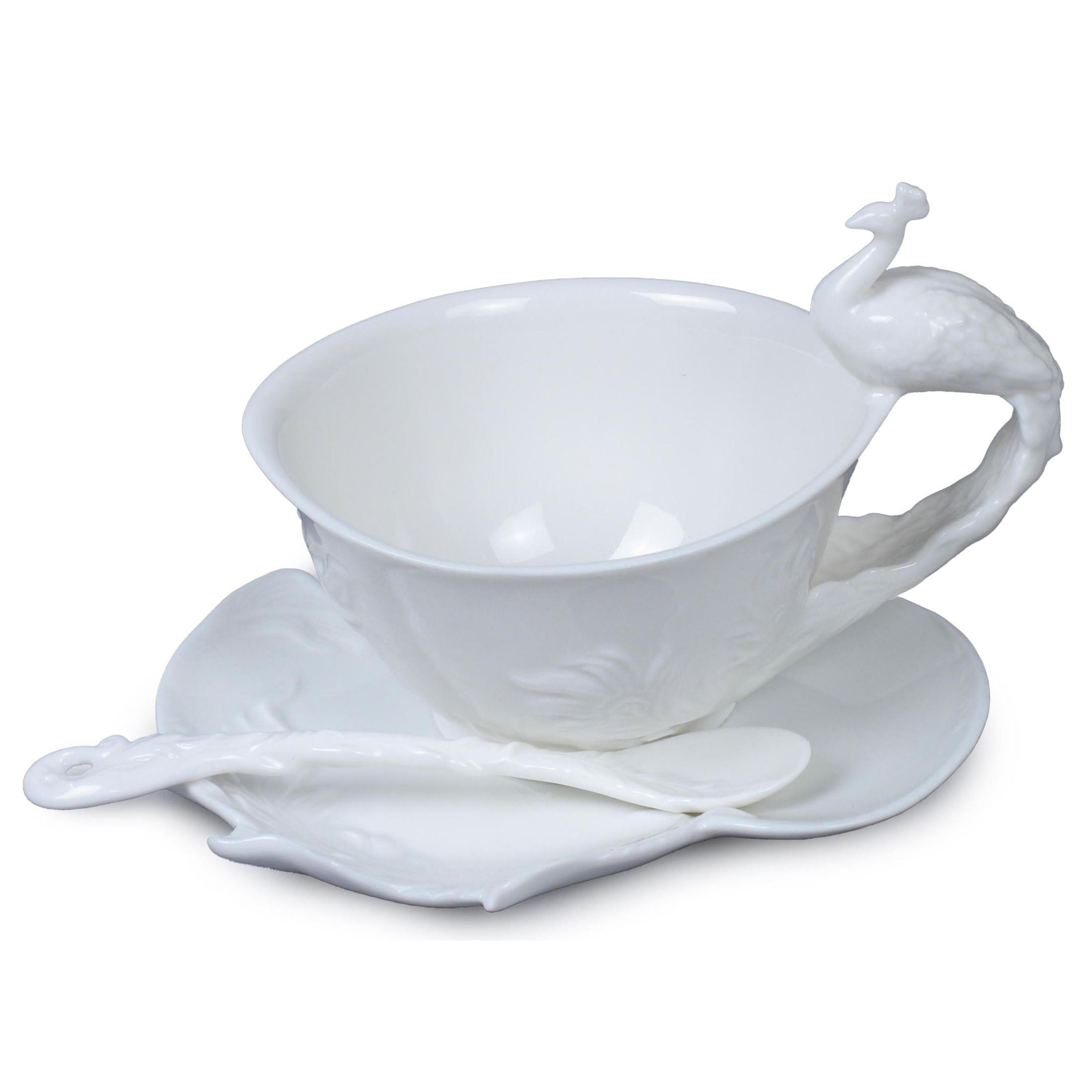 Peacock Coffee Cup Set With Spoon(White)