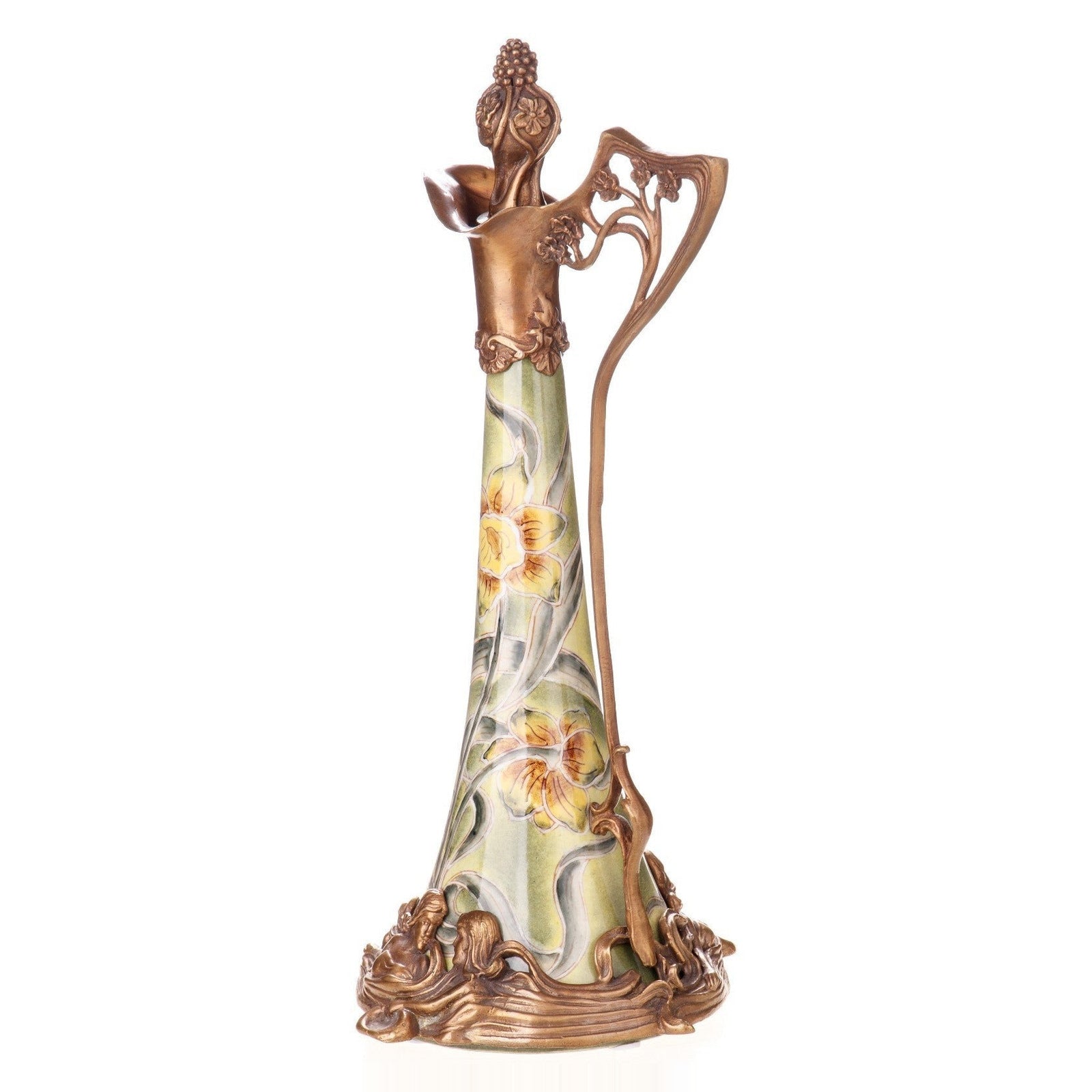 Bronze Art Nouveau Floral Ewer Vase – Green