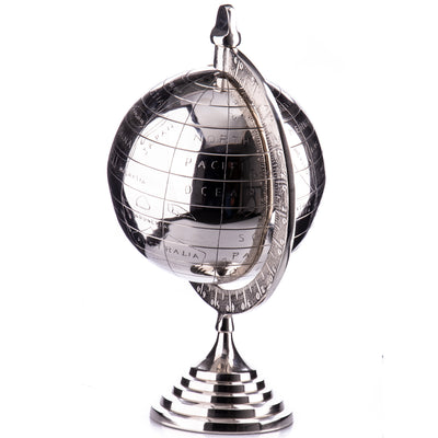 Modern Silver Globe Sculpture | Handcrafted Metal Decor