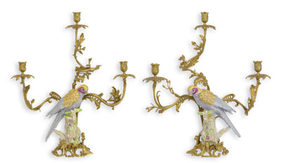 Pair Bronze Mounted Porcelain Parrot Candle Holder