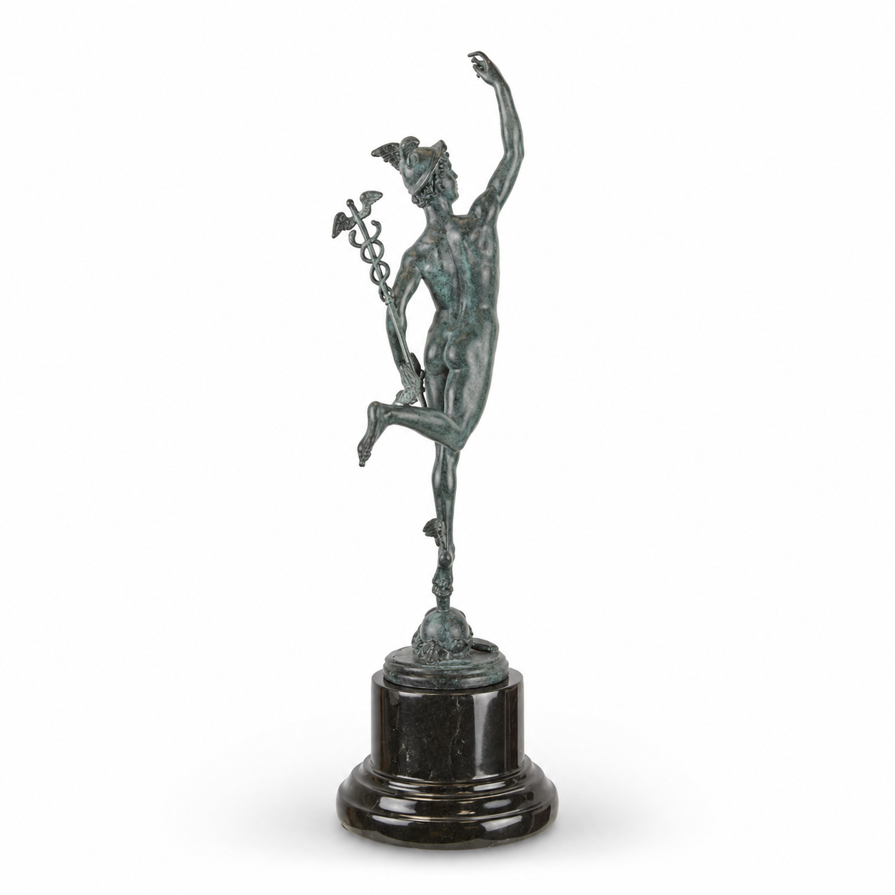 Green Patina Bronze Sculpture of Mercury with Winged Helmet