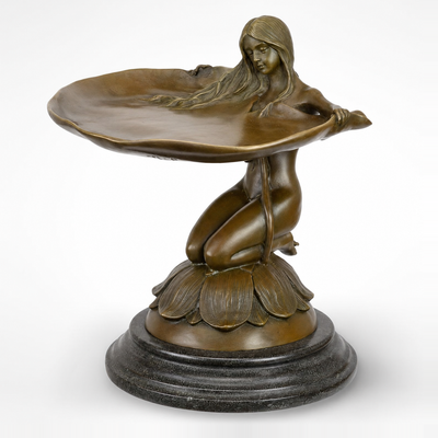 Lotus Maiden Pedestal Bowl | Handcrafted Bronze Decor