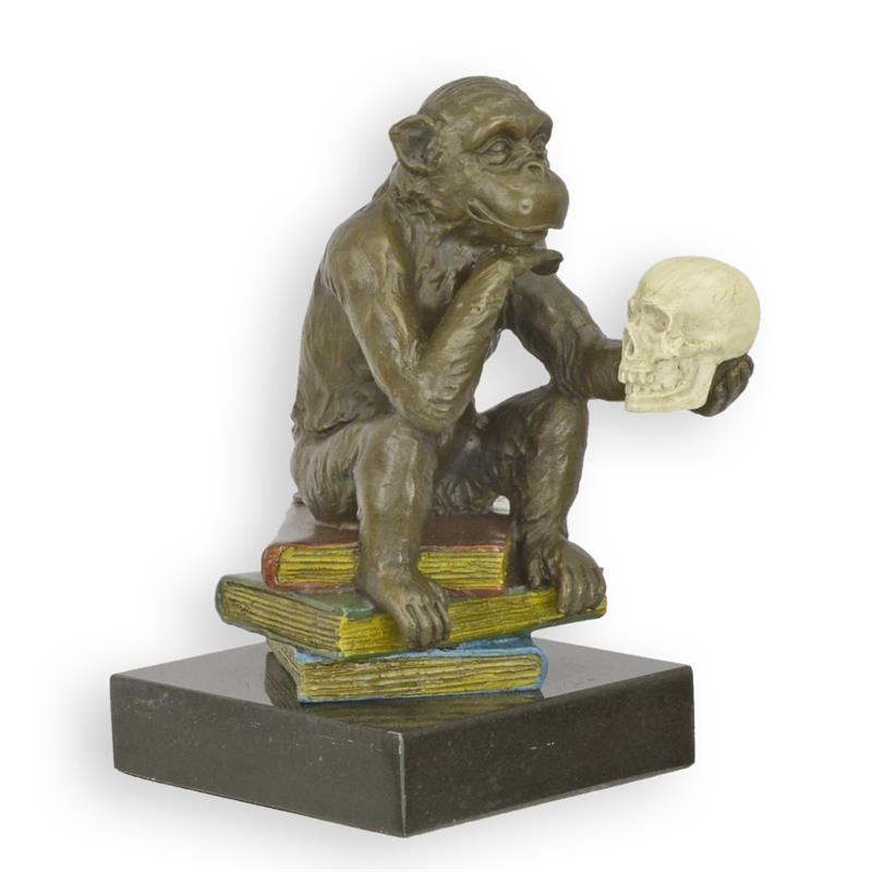 Darwin Monkey on Books Antique Color Bronze Sculpture