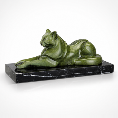 Modernist Bronze Reclining Cat Sculpture on Marble Base