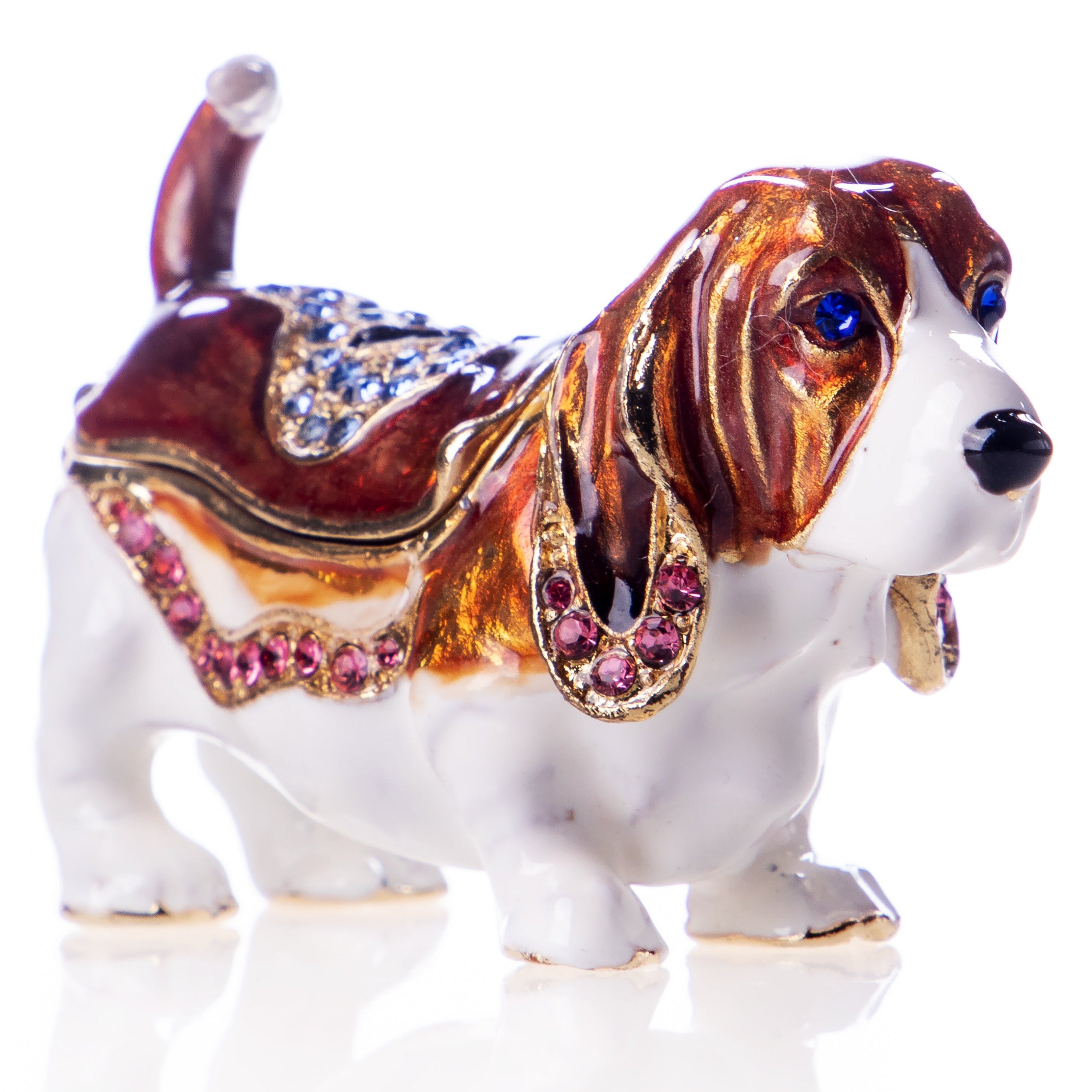 Pill box made of enamelled pewter and gemstones in the shape of a dog