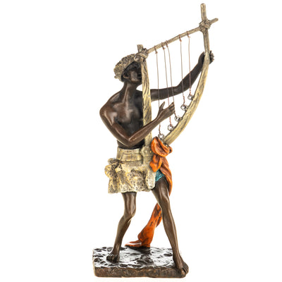 Colored bronze figure of Viennese style Arabian musician with harp