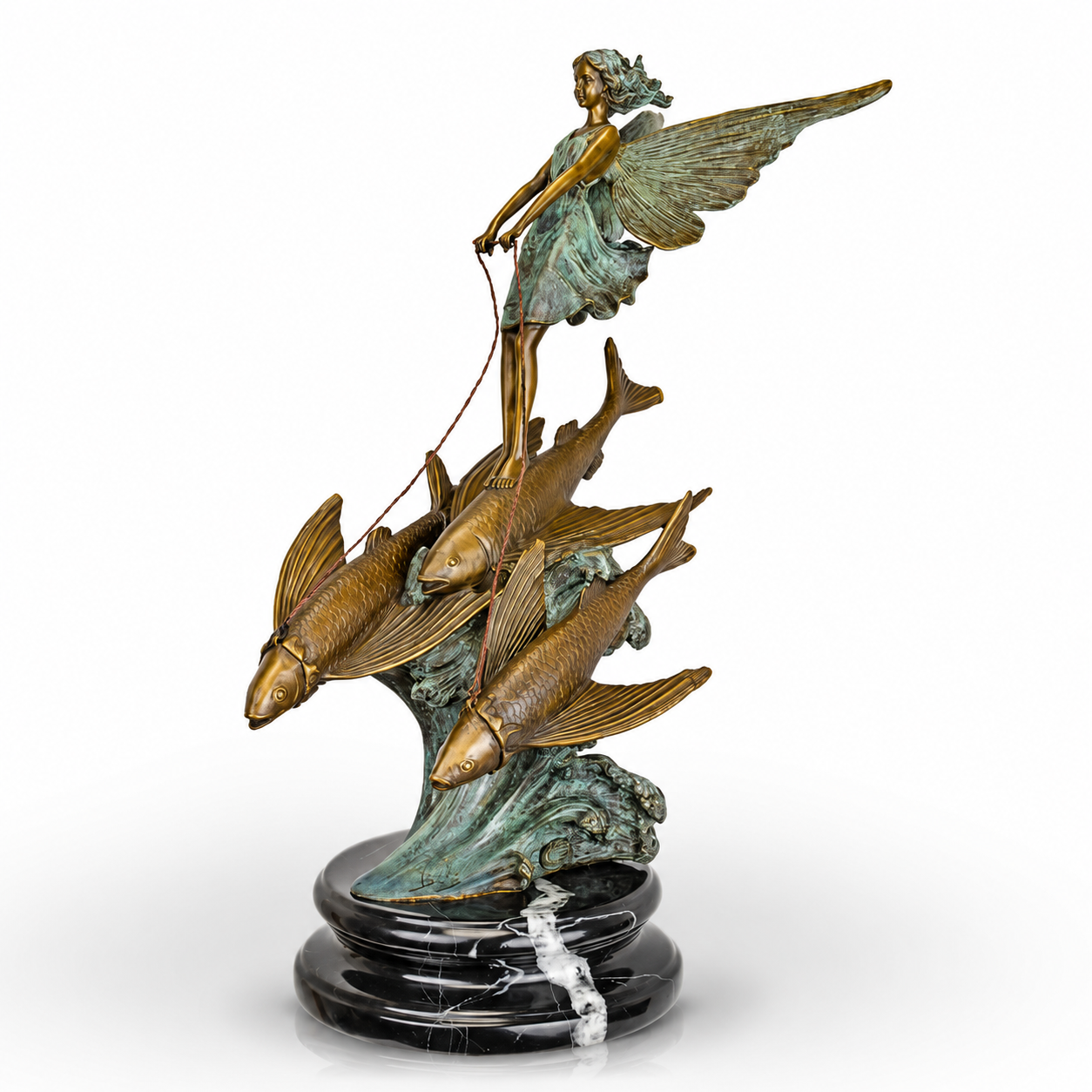 Bronze Sculpture of a Fairy Guiding Flying Fish on Marble Base