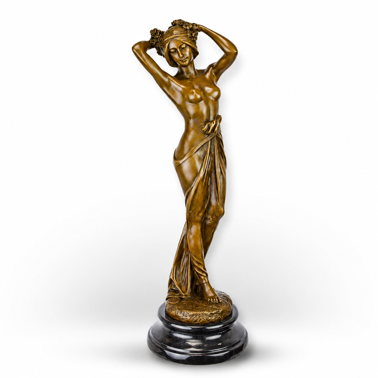 Bronze Sculpture of a Woman Styling Her Hair on Marble Base