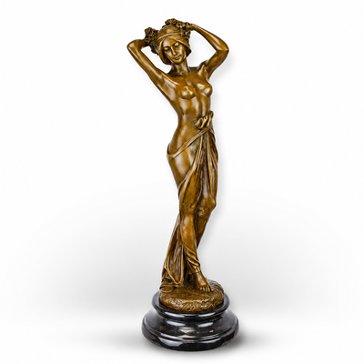 Bronze Sculpture of a Woman Styling Her Hair on Marble Base