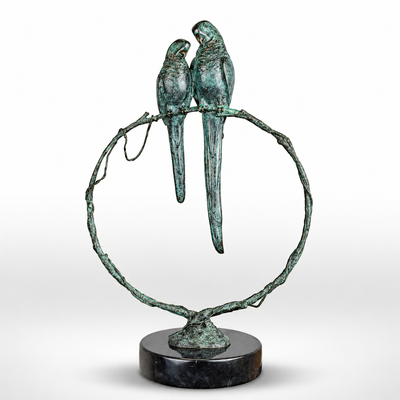 Tropical Serenade: Bronze Parrots on a Branch | Animal Sculptures
