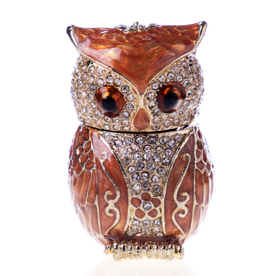 Pill box made of enamelled pewter and gemstones in the shape of an owl