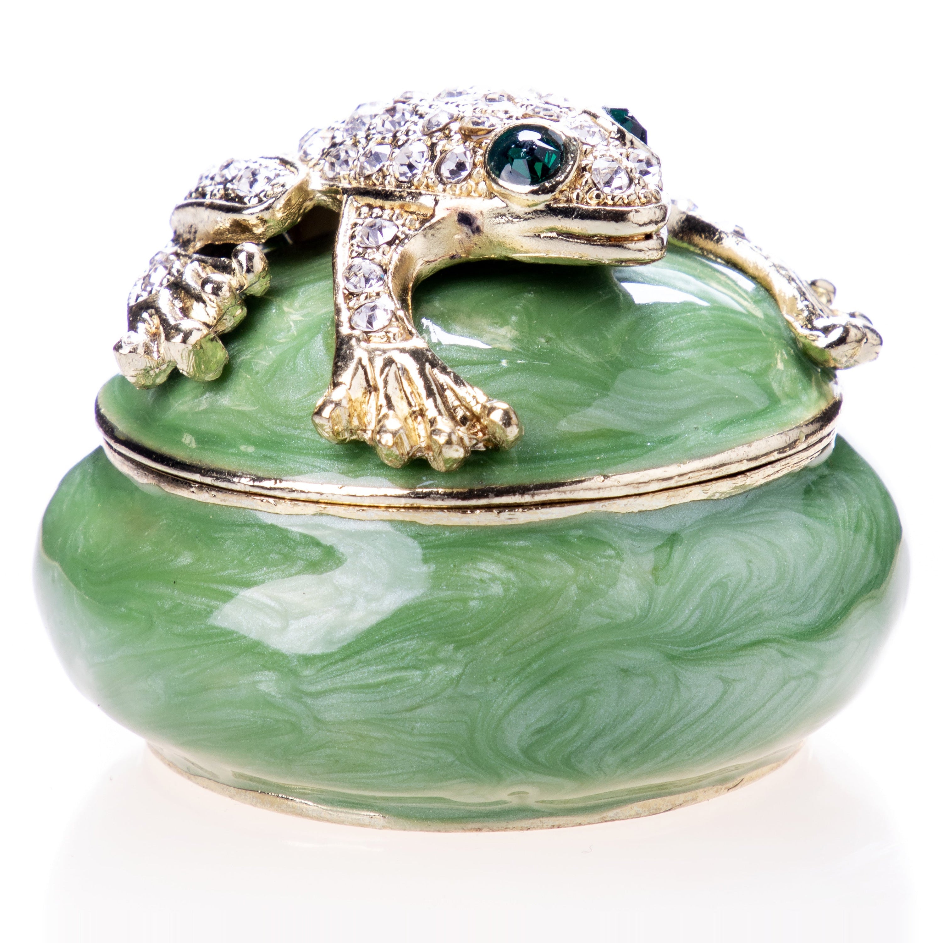 Pill box made of enamelled pewter and gemstones with a frog