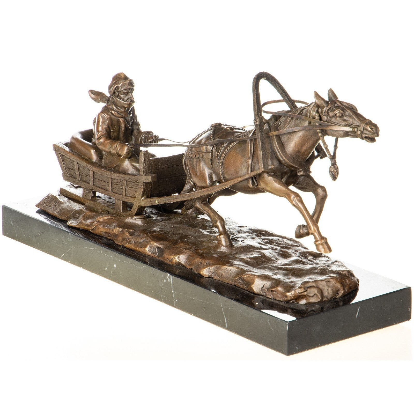 Bronze Horse-Drawn Sleigh Sculpture After F. Gornik – Winter Scene