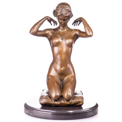 Bronze Nude Kneeling Woman Art Nouveau Style Sculpture on Marble Base