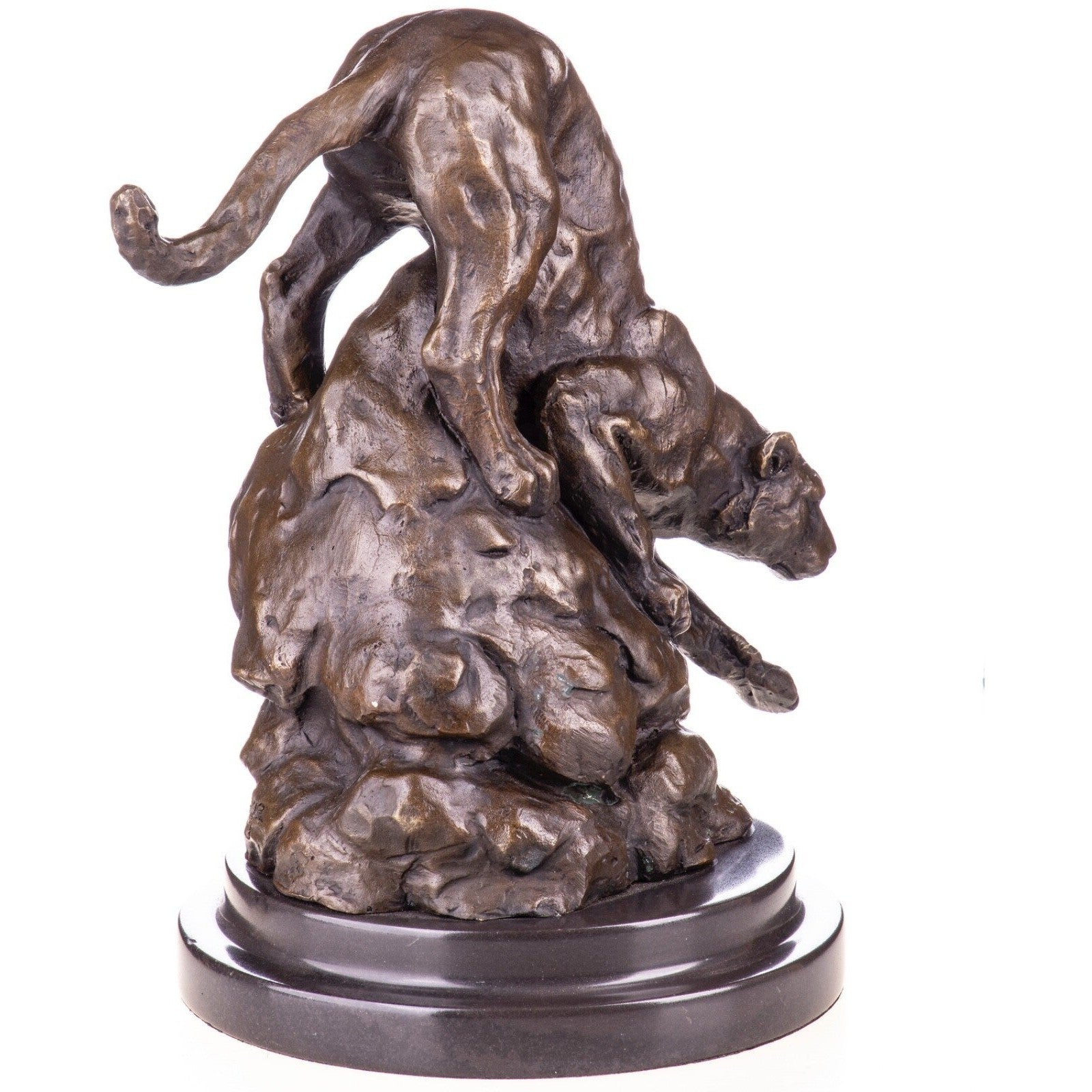 Bronze Panther Sculpture – Wild Cat Climbing Down Rock – Animal Art