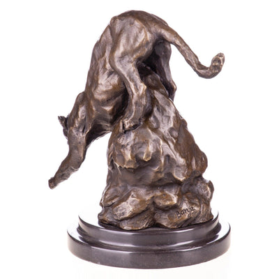 Bronze Panther Sculpture – Wild Cat Climbing Down Rock – Animal Art