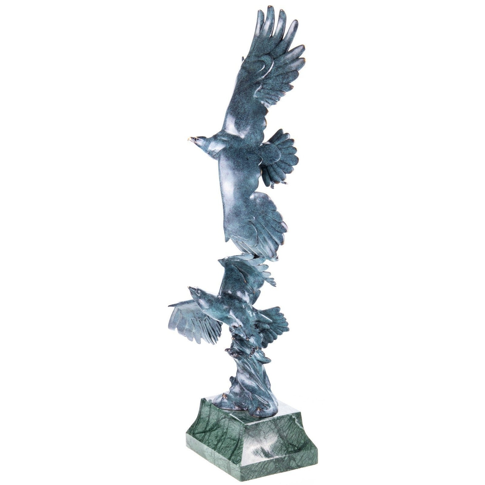 Bronze Sculpture of Two Eagles in Flight on Green Marble Base