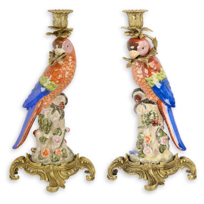 Bronze Set Mounted Porcelain Parrot Candle Holders