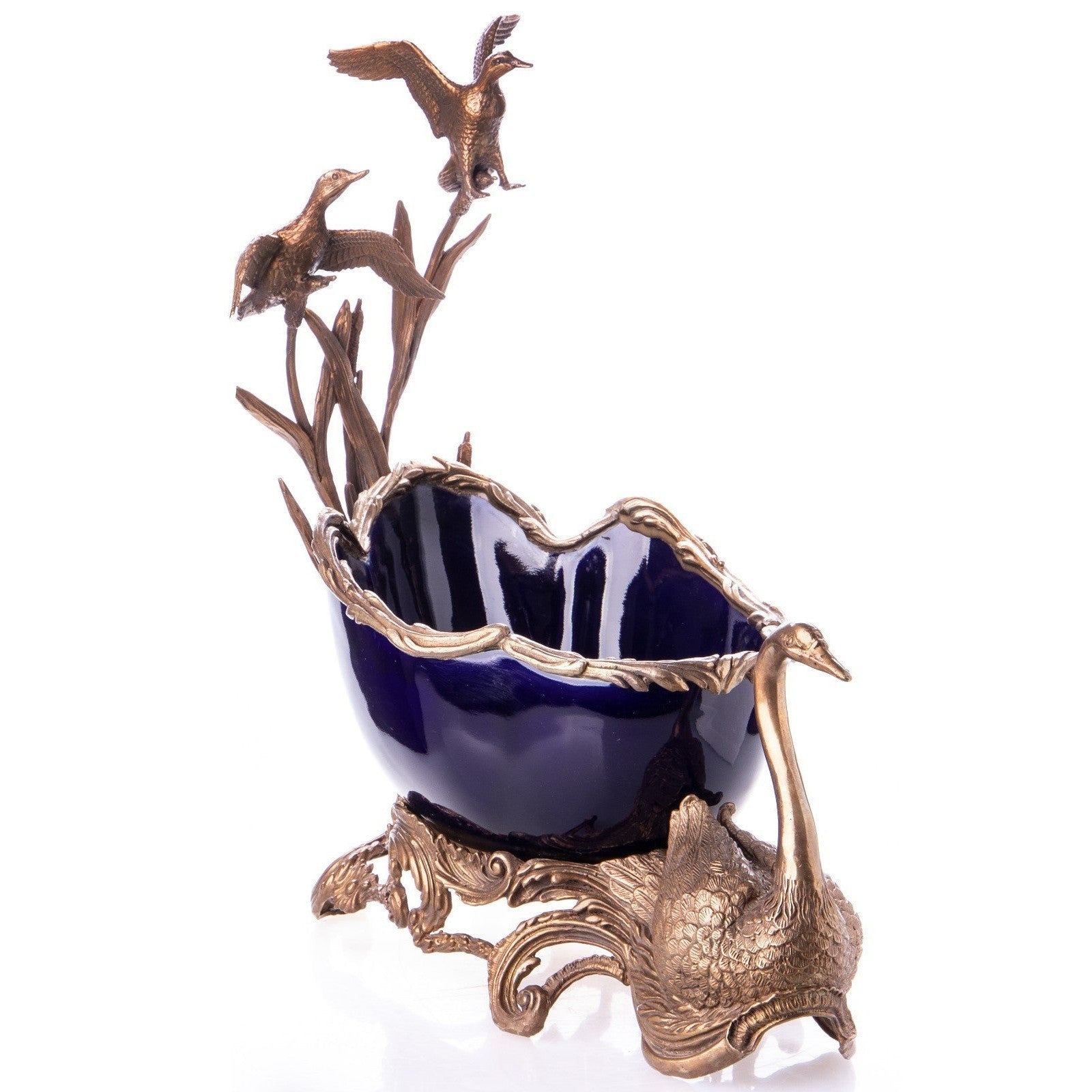 Cobalt Blue Porcelain Centerpiece Bowl with Bronze Swan and Bird