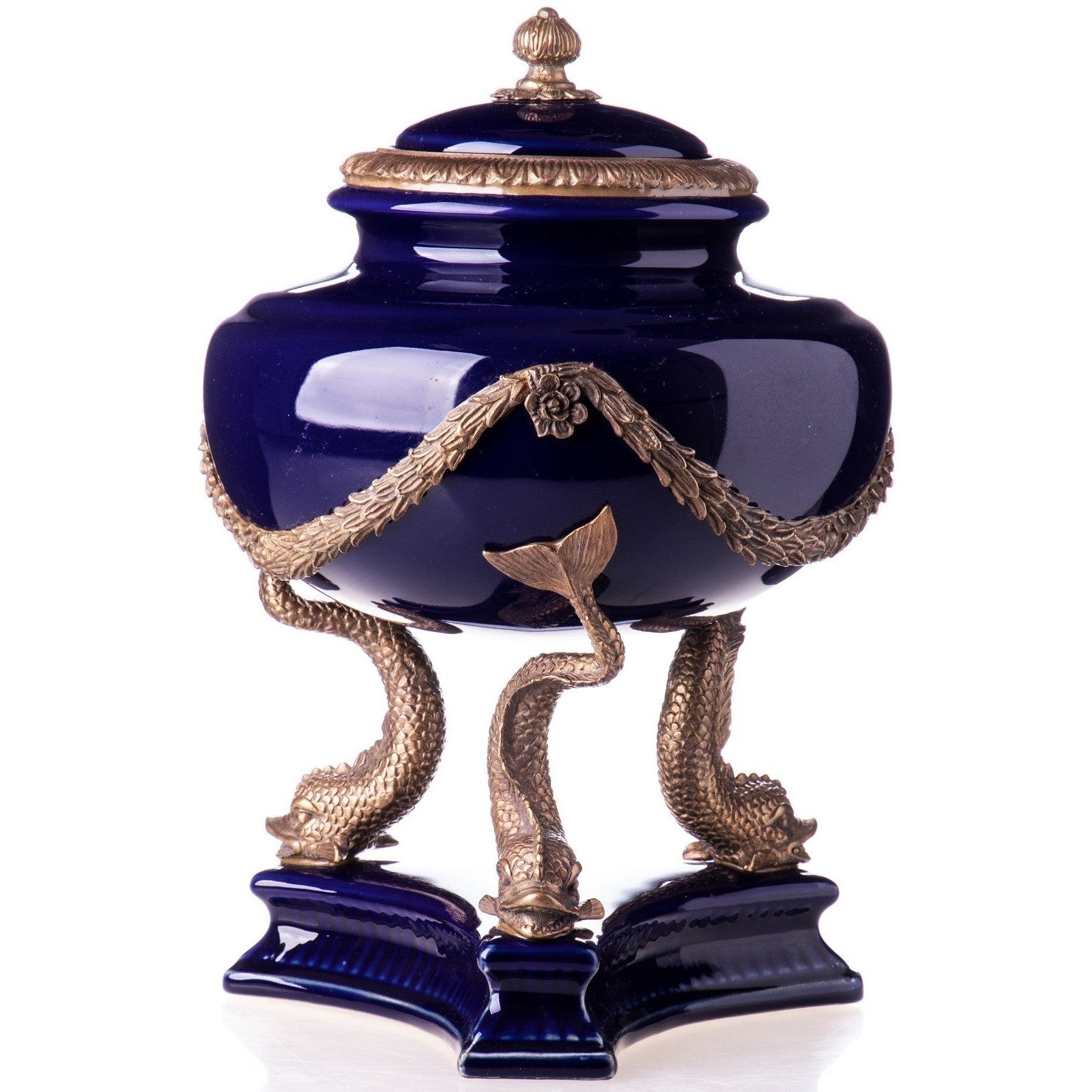 Cobalt Blue Porcelain Lidded Jar with Bronze Dolphin Base