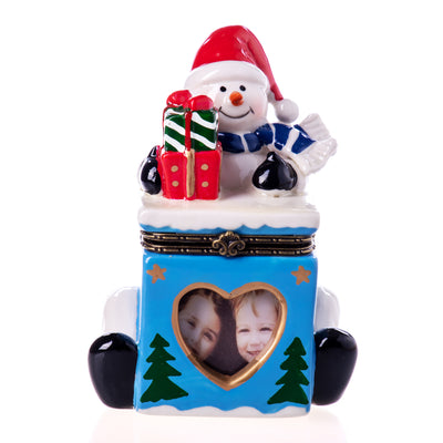 Porcelain box with snowman and photo window | Handcrafted Ceramic