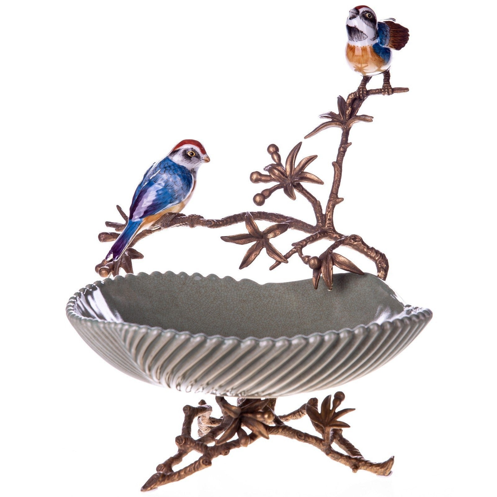Decorative Ceramic Bird Bowl on Bronze Branch Stand | Vases & Bowls