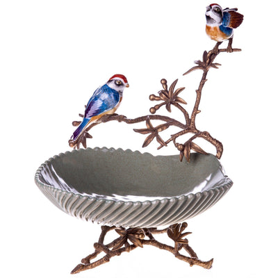 Decorative Ceramic Bird Bowl on Bronze Branch Stand | Vases & Bowls