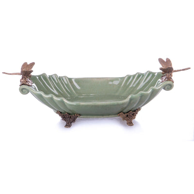 Decorative Ceramic Bowl with Bronze Dragonfly Accents Leaf Design