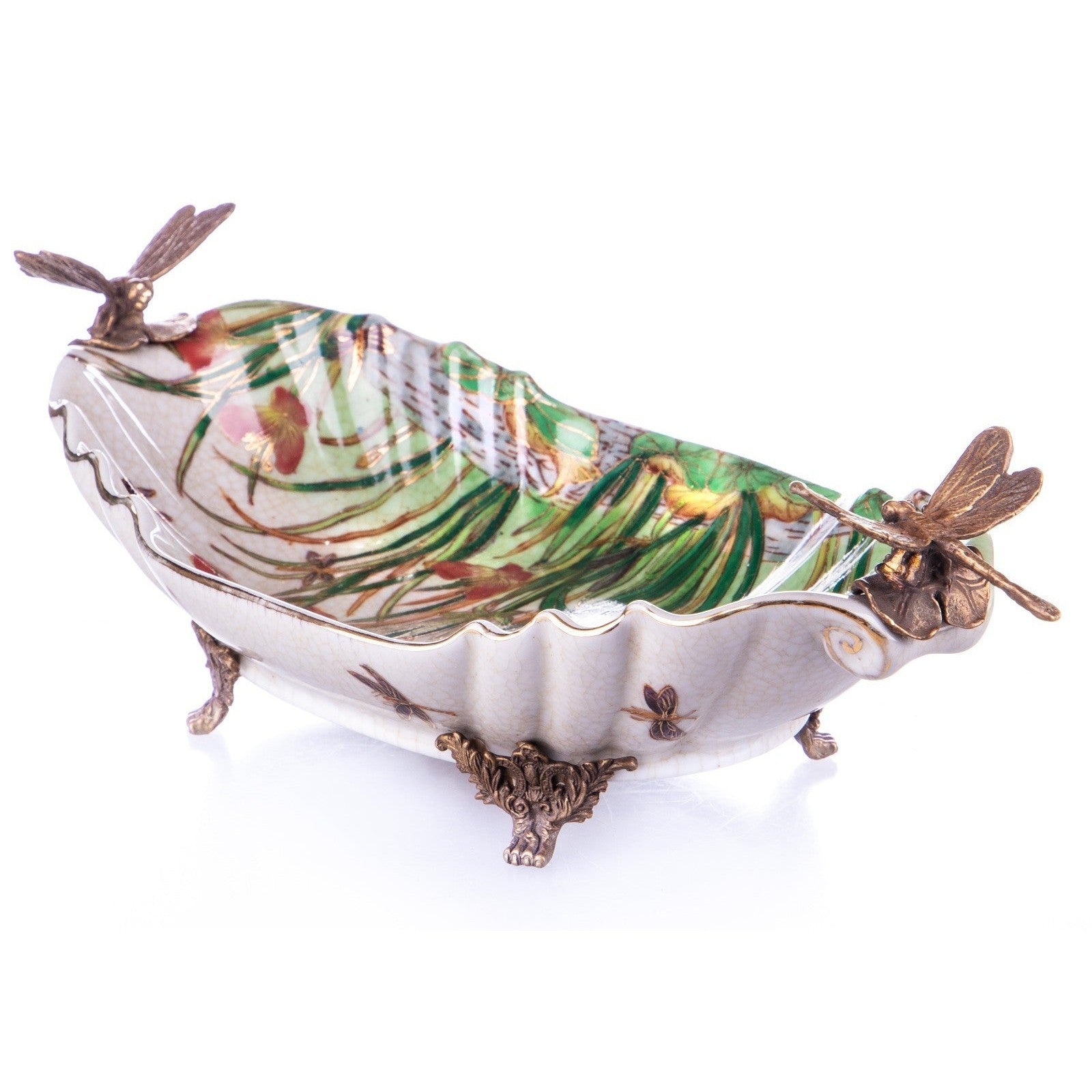 Decorative Leaf-Shaped Ceramic Bowl with Jungle Motif and Bronze