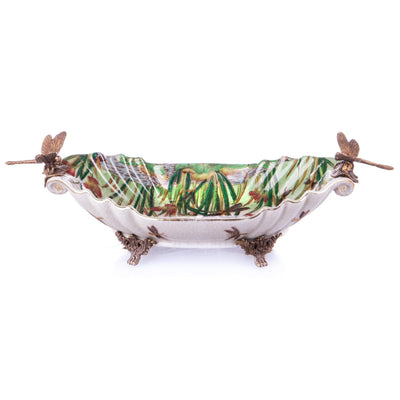 Decorative Leaf-Shaped Ceramic Bowl with Jungle Motif and Bronze