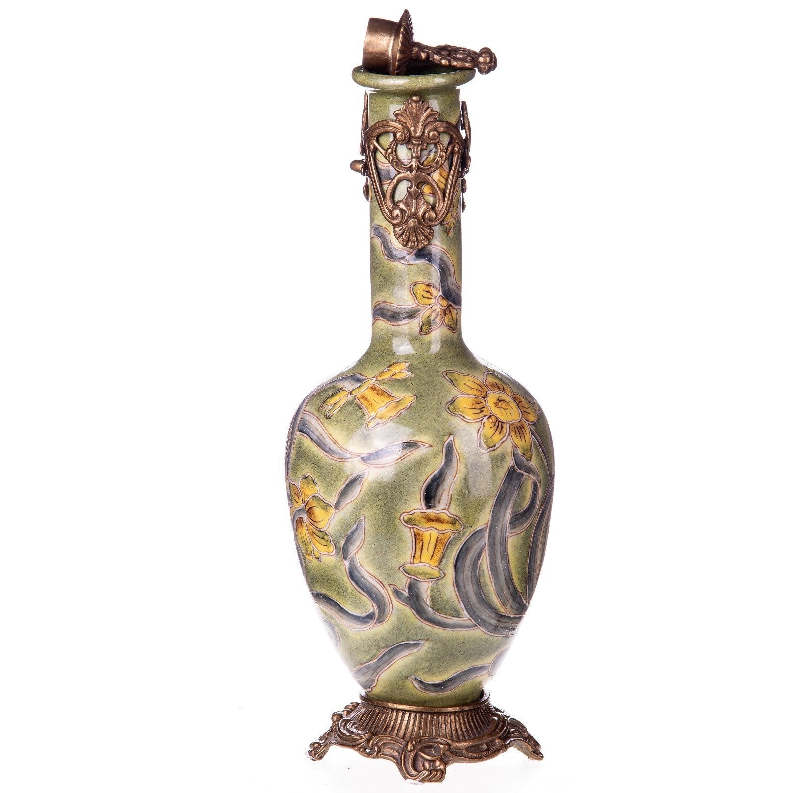 Floral Art Nouveau Bottle Vase with Ornate Bronze Accents