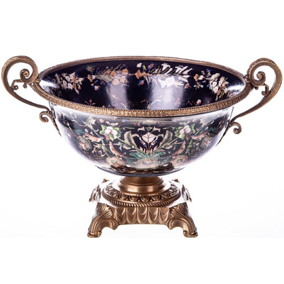 Floral Midnight Blue Porcelain Centerpiece Bowl with Bronze Base