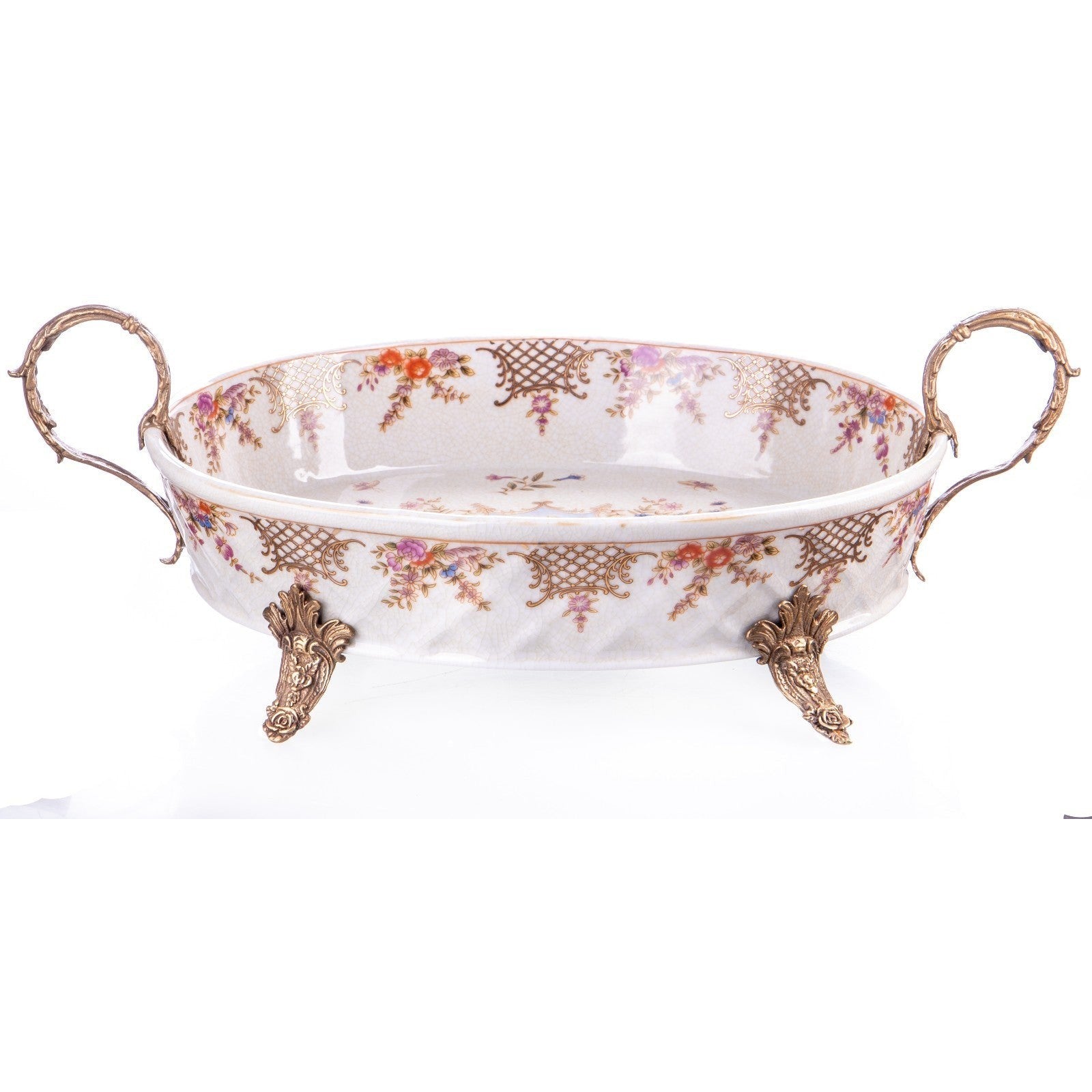 Floral Porcelain Oval Dish with Bronze Handles and Feet